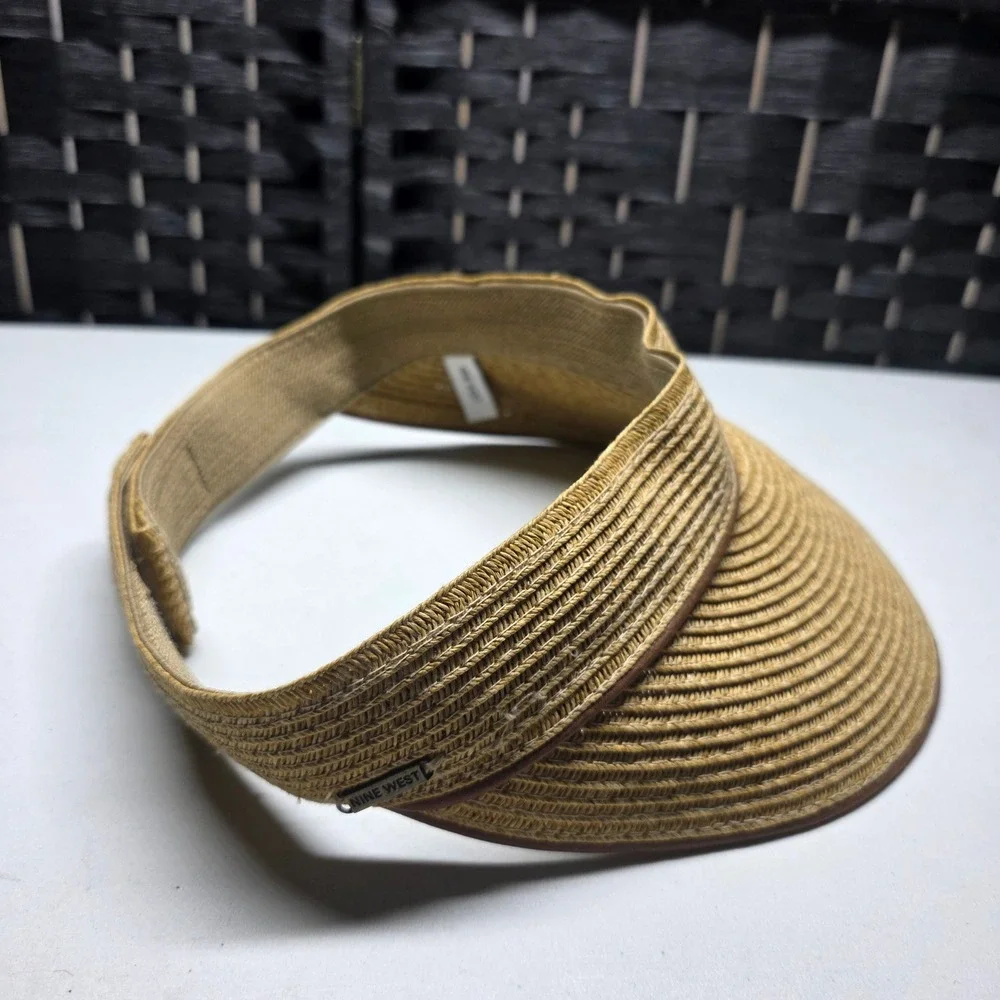 Nine West Straw Sun Visor Hat Tan Brown Woven Adjustable Hook Loop One Size